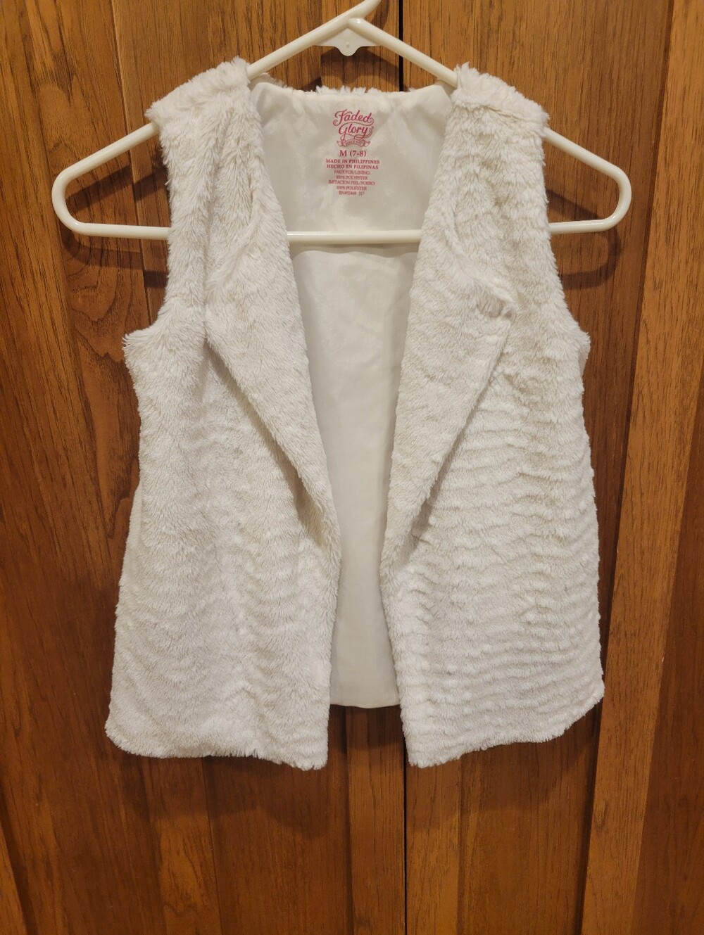 Faded Glory Cream Faux Fur Sleeveless Vest. Girls M 7/8